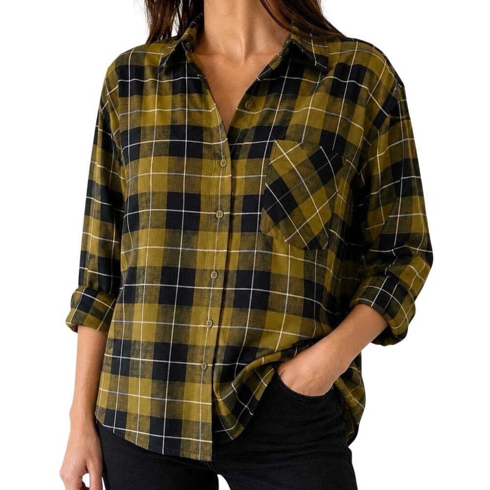 Garnet Hill Womens Sz 12 Green Black Plaid Long Sleeve Fall Harvest Shirt Top